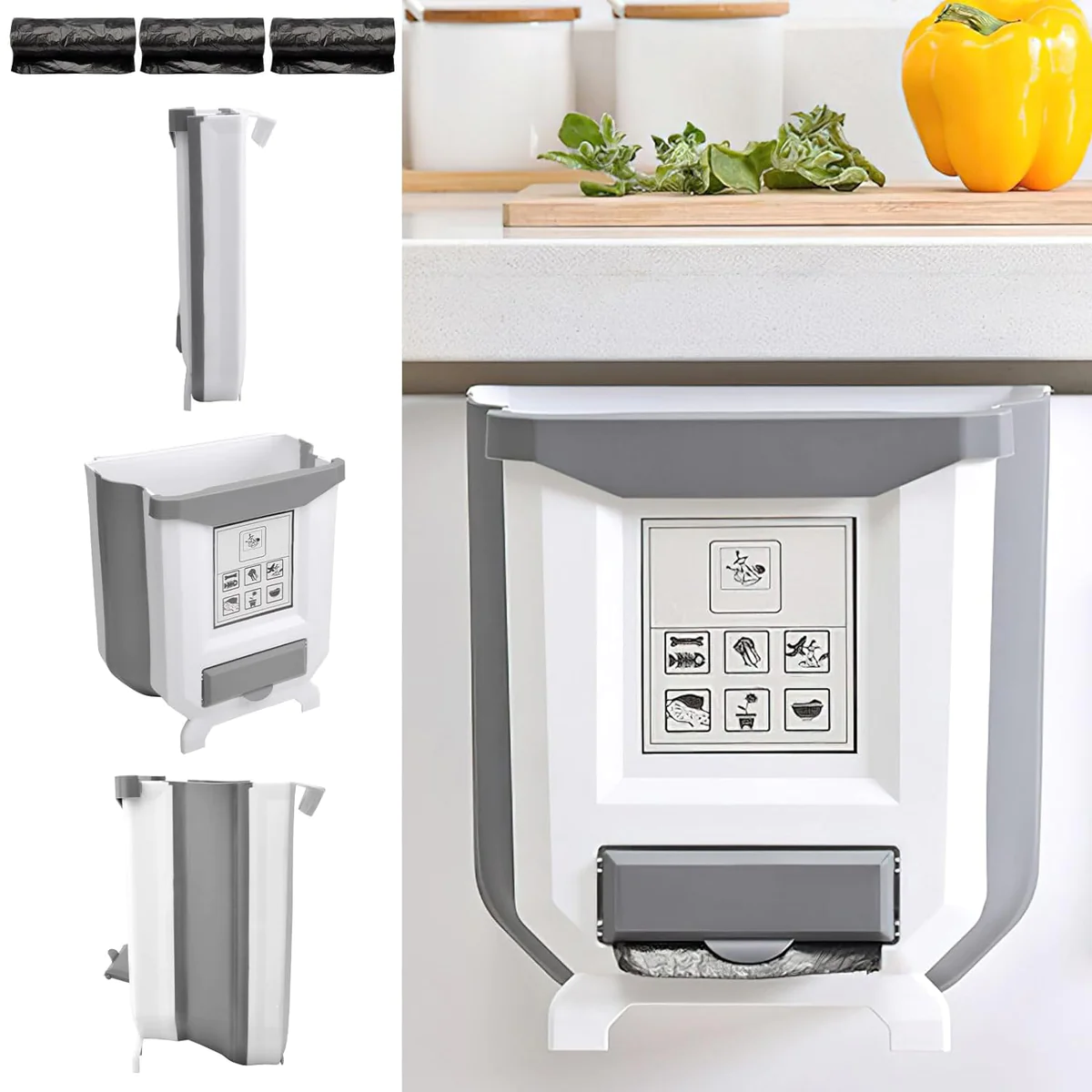 Poubelle Suspendue Pliable de 10L blanc gris Vendos85