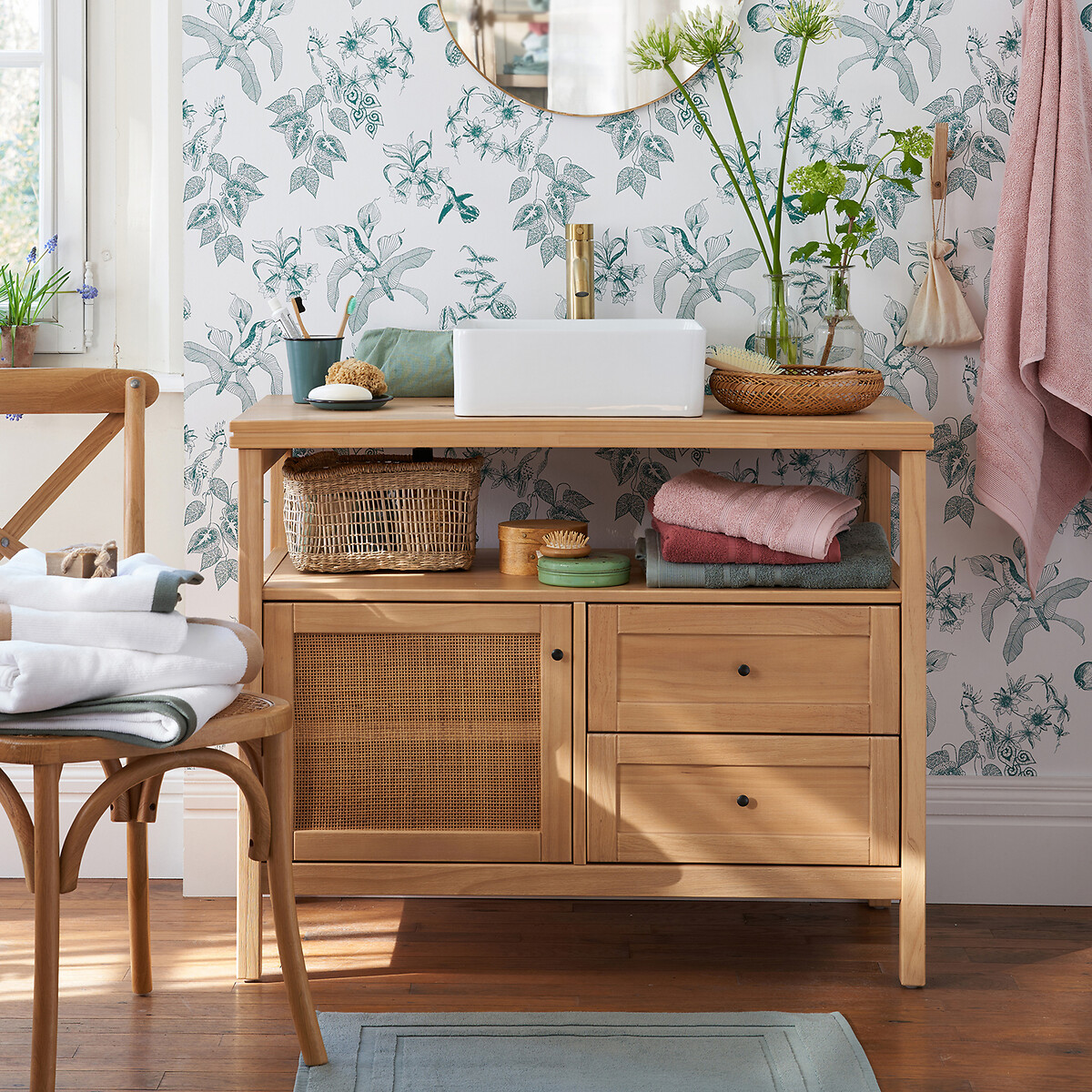 LA REDOUTE INTERIEURS<br>Móvel lavatório de pinho e rattan L100 cm, Gabin