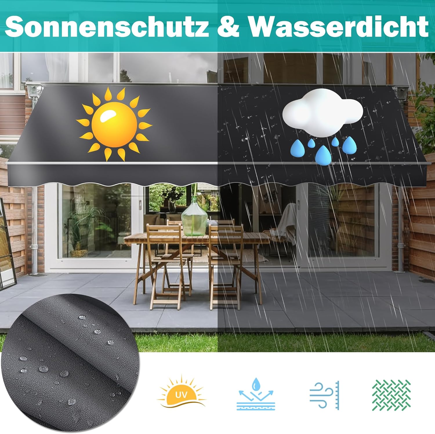 LARS360 Markise Balkon 400x300cm Aluminium Gelenkarmmarkise Balkonmarkise mit Handkurbel, Wetterfest & UV-beständig, Ganzjähriger Sonnen-, Regen- & Sichtschutz für Terrasse und Balkon, Dunkelgrau