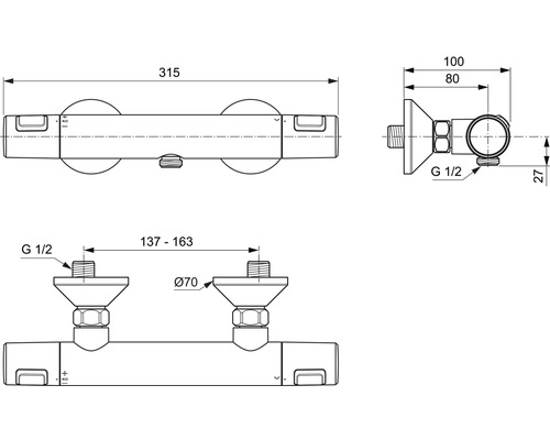 Ideale standaard douchekraan met thermostaat CERATHERM T25 chroom A7201AA