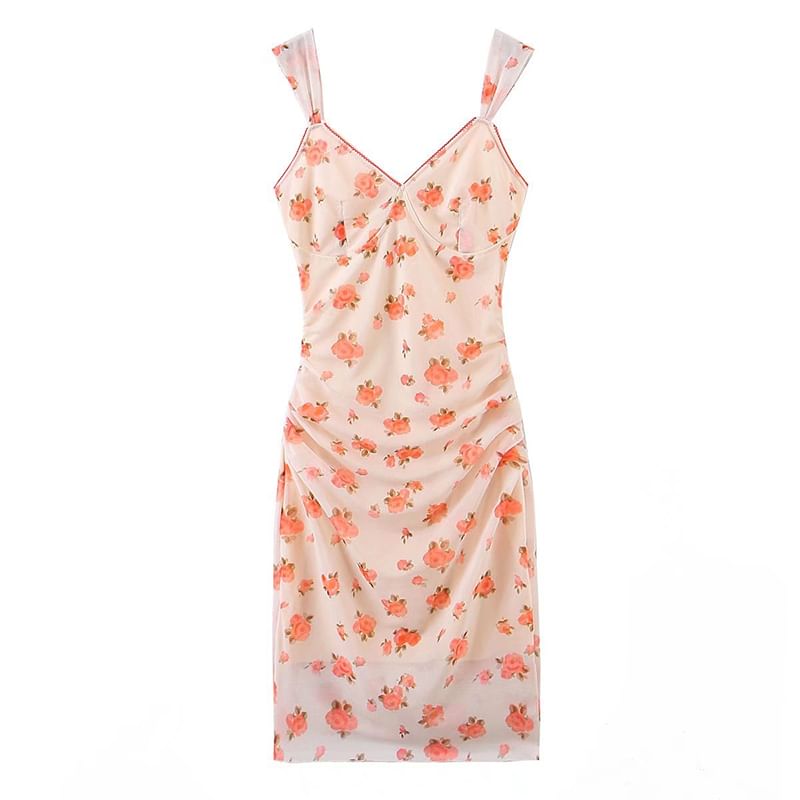 SugaYuja - Mouwloze bloemen midi bodycon jurk