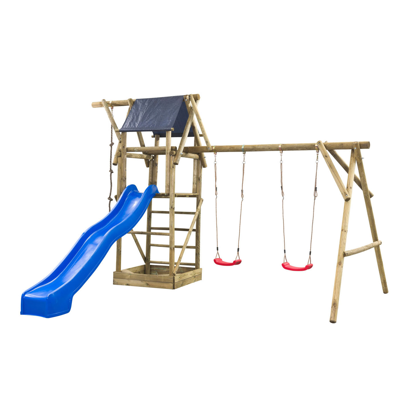 Swingking Houten Schommel met Speelhuisje/Glijbaan Niels - Blauw