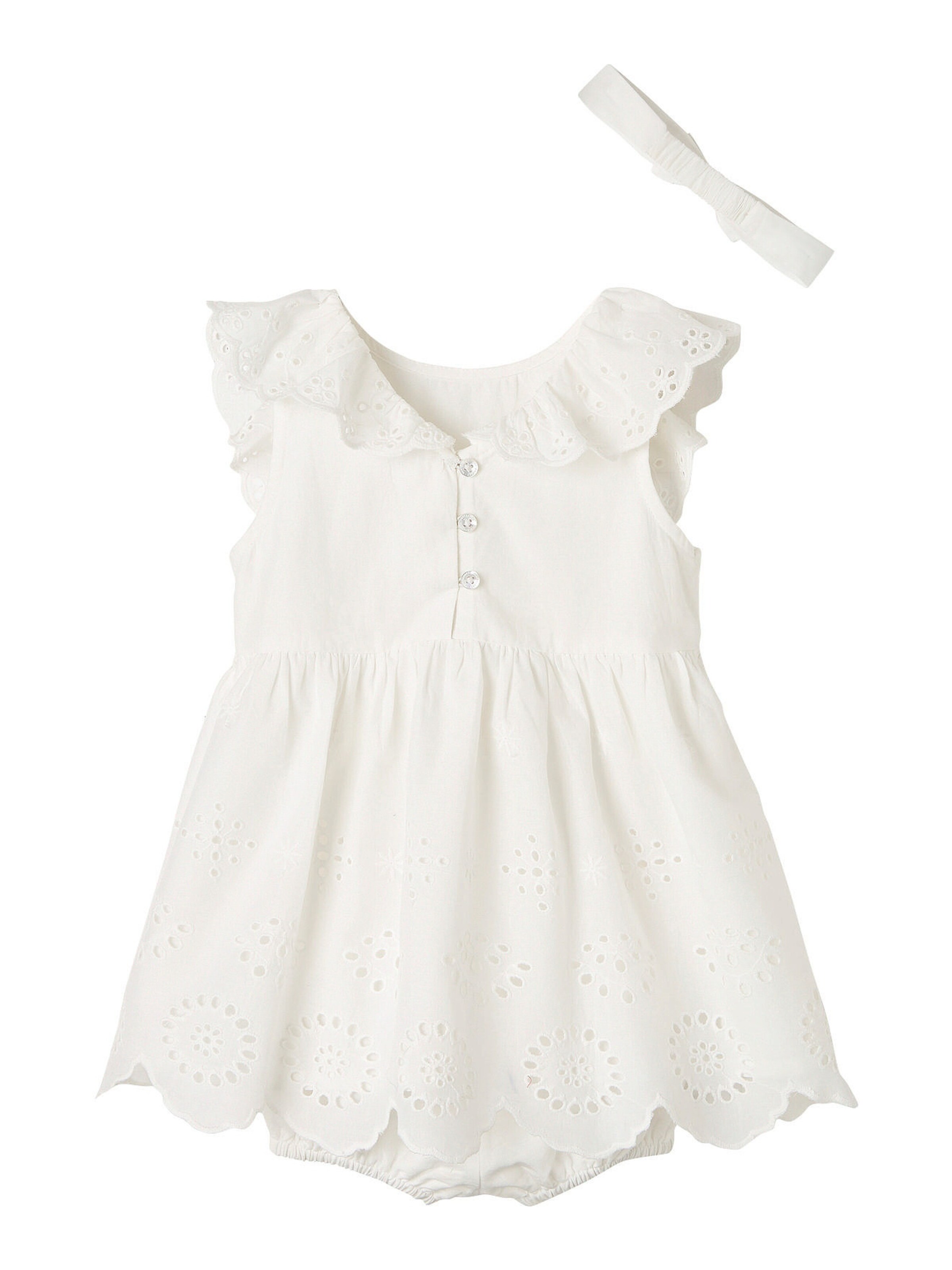 Vertbaudet Festliches Mädchen Baby-Set: Kleid, Spielhose & Haarband wollweiß