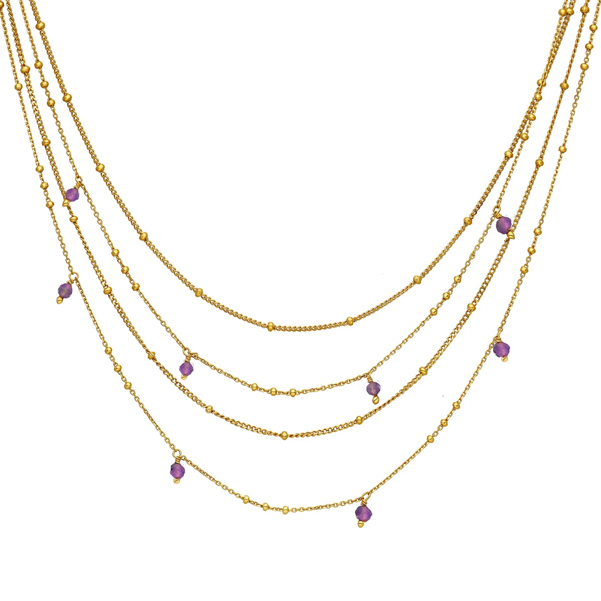 Collier Argent Doré Multiples Chaine Et Pierres Naturelles D'amethyste