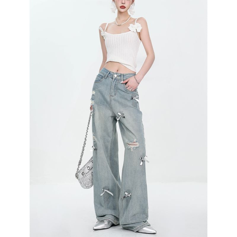 Rosesand - High Rise Washed Bow Accent Ripped Loose-Fit Wijde Jeans