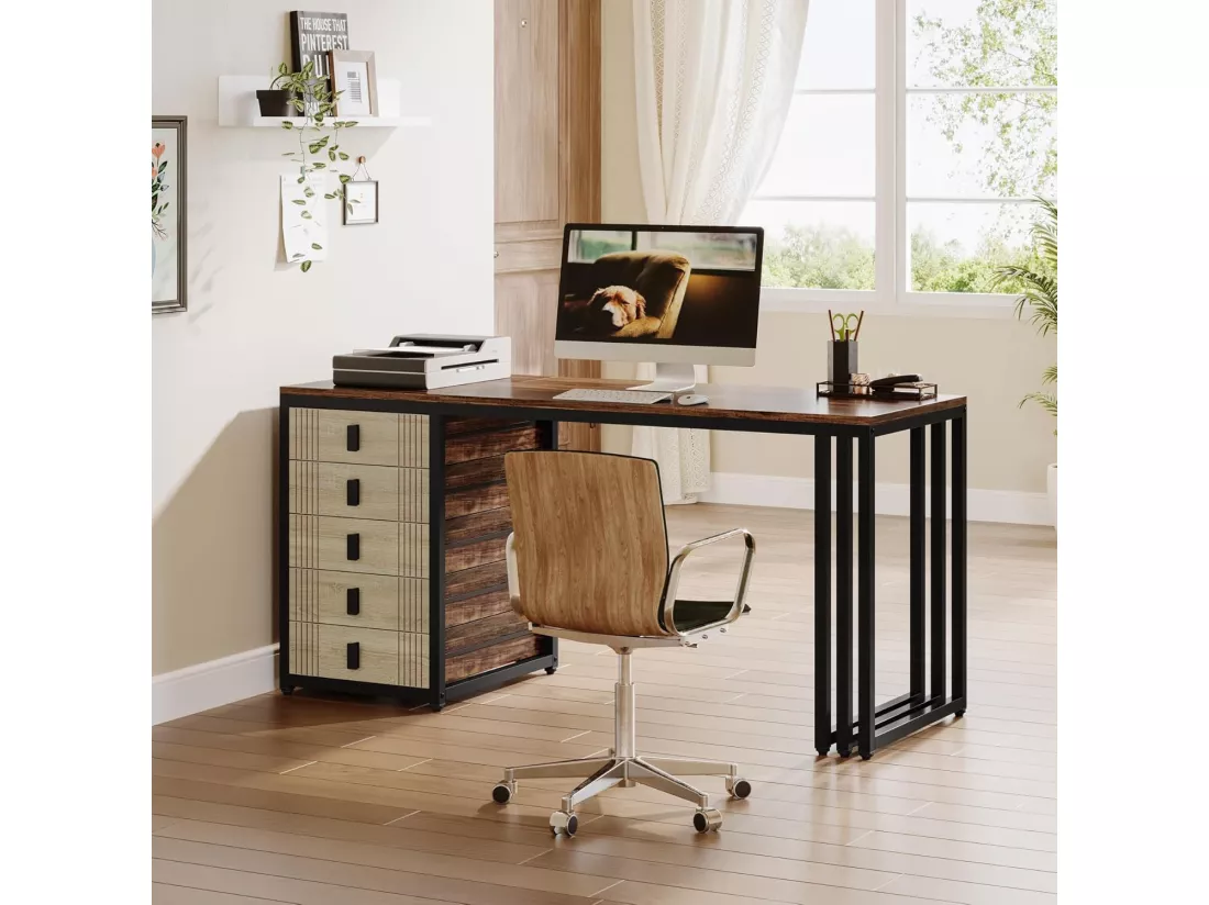 Tribesigns Bureau d'ordinateur avec 5 tiroirs, armoire réversible, en bois moderne, avec rangement, pour la maison, le bureau, la chambre à coucher, marron et chêne