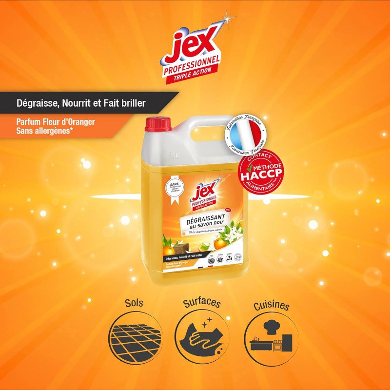 Dégraissant Triple Action au savon noir et à la fleur d'Oranger Jex professionnel - Bidon de 5 L