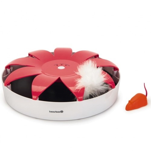 Brinquedo interativo para gatos nas cores rosa e branco.