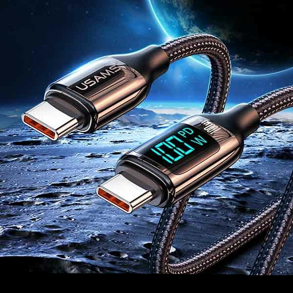 (1.2m) 100W USB C auf USB C Nylon Ladekabel Fast Charging PD Datenkabel mit Spannungs Anzeige (USA001036) - Schwarz