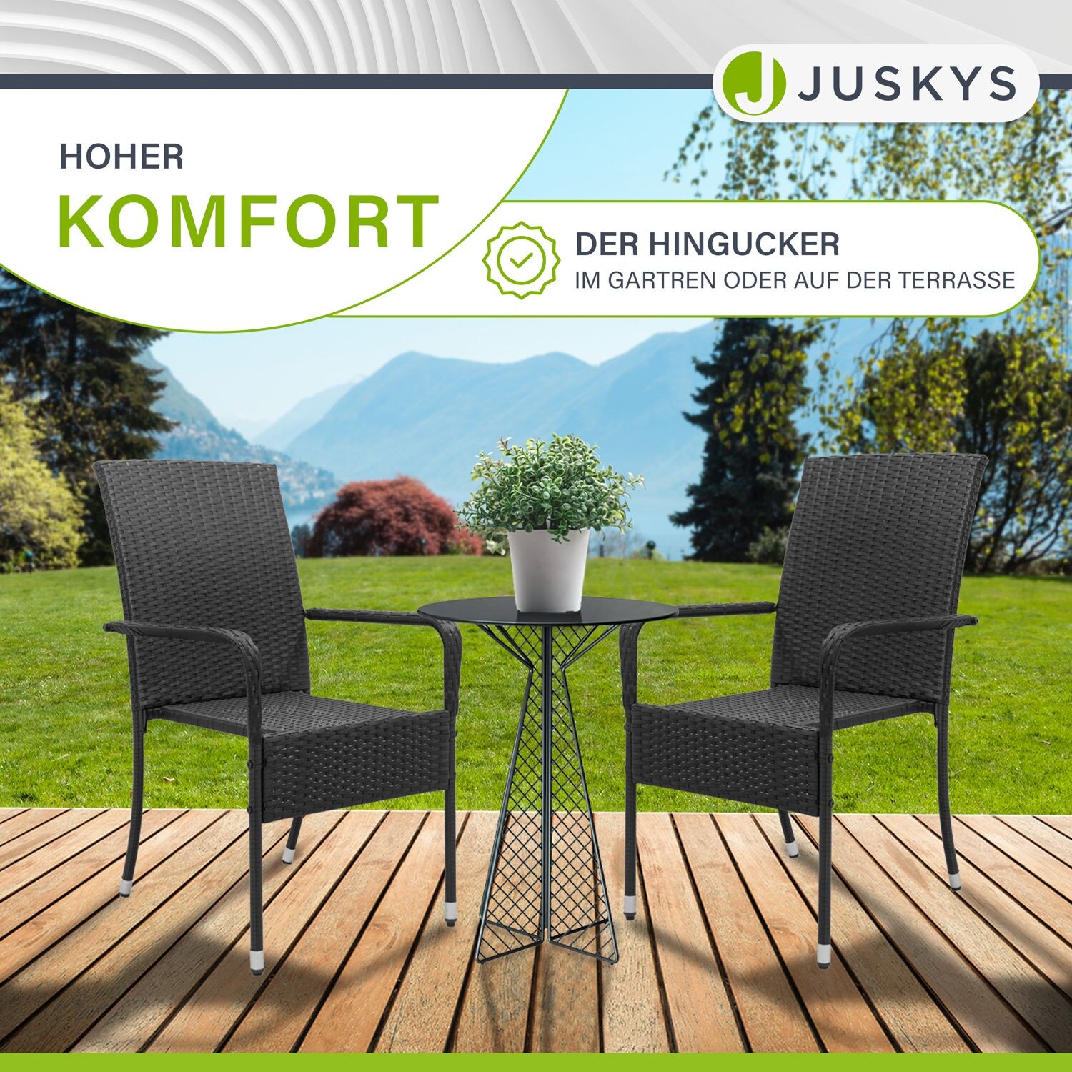 Juskys Polyrattan Gartenstühle Yoro 2er Set - Stuhl mit Armlehnen - Rattan Stühle stapelbar Schwarz
