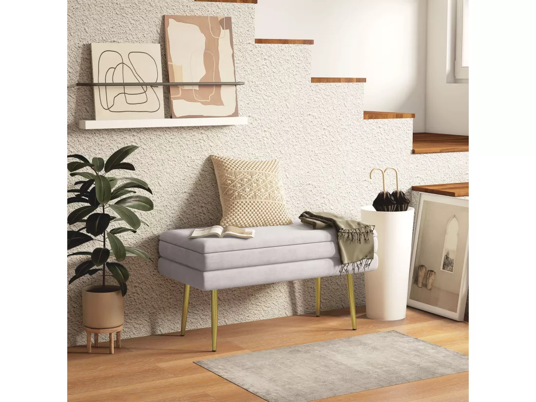 Banquette coffre de rangement 2 en 1 piètement effilé incliné acier doré velours gris clair