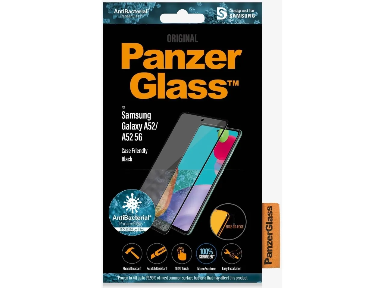 PanzerGlass™ | Case-Friendly - Skærmbeskytter for mobiltelefon - Edge-to-Edge fit - rammefarve sort | Samsung Galaxy A52/A52 5G