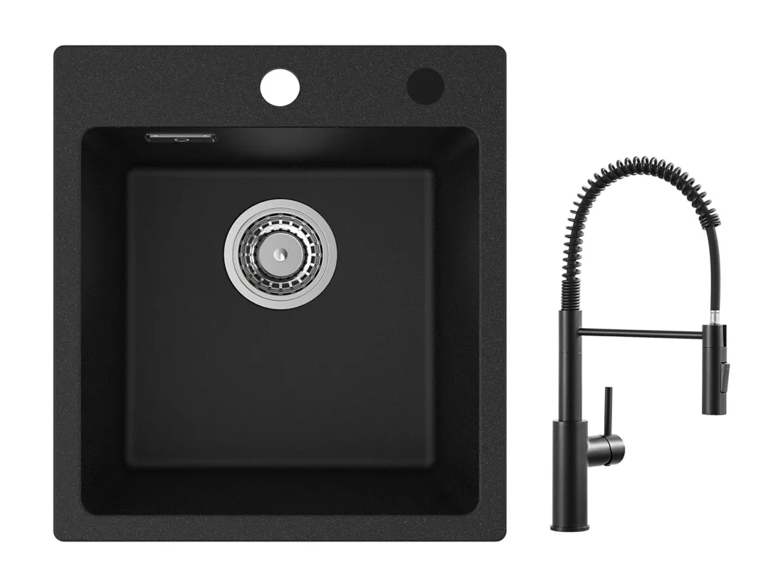 Cecipa max 40x45cm Evier de Cuisine en Quartz et Résine Evier Quartz 1 Bac Noir + Mitigeur de Cuisine à Ressort Noir avec Douchette Extractible
