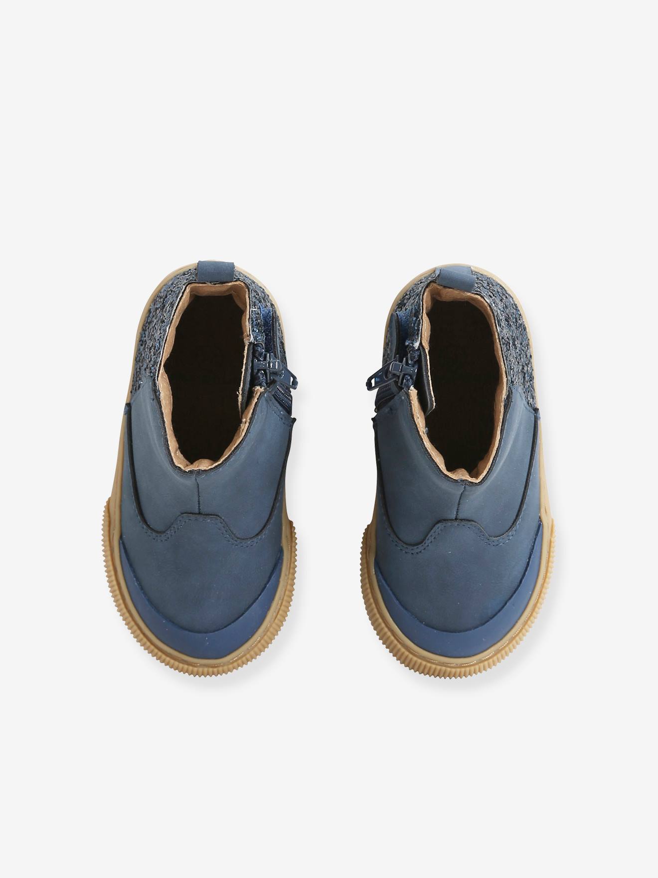 Sapatinhos elegantes com zíper para bebê menina, lisos, azul-escuros com estampas.