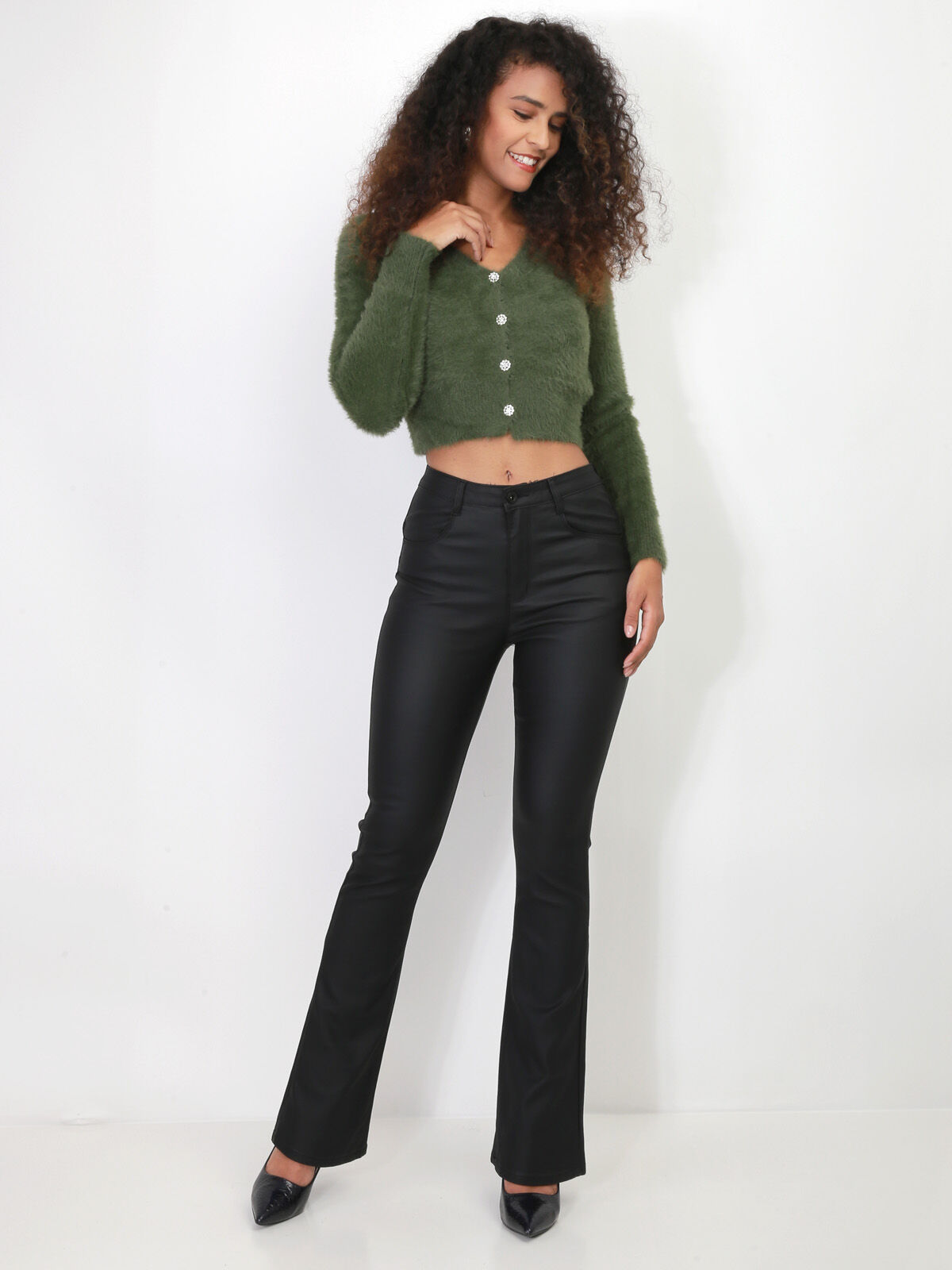 Pantalon flare enduit- Noir