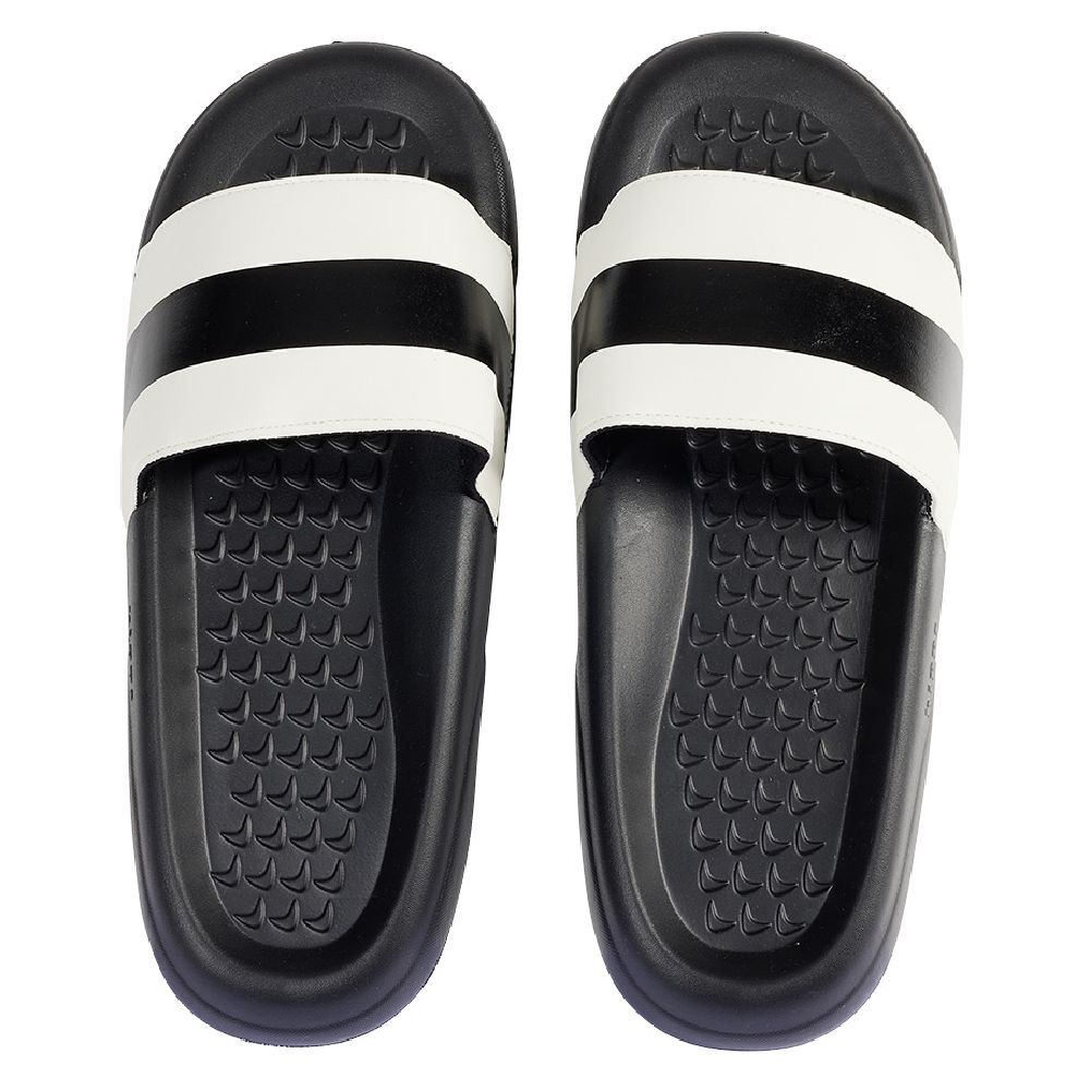 Sandales claquettes plastique noir avec bandes blanches 42/43
