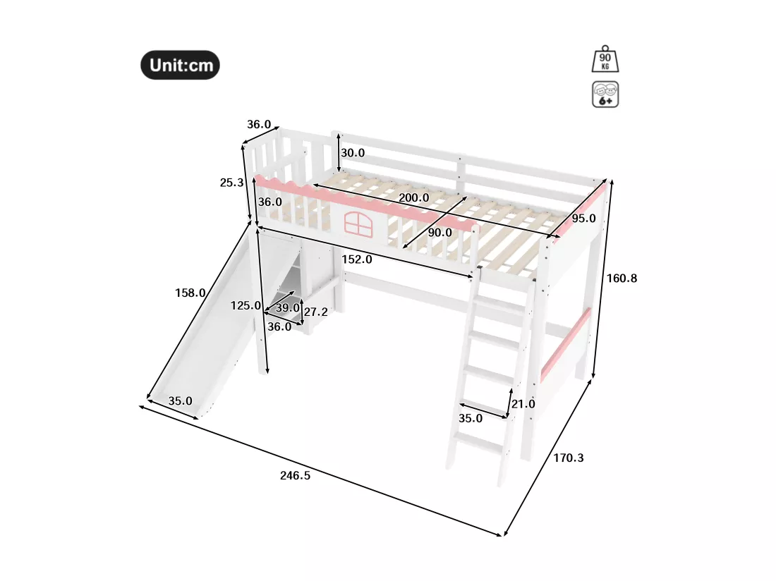 Lit mezzanine enfant 90x200 cm - avec éclairage LED - avec étagères - avec toboggan - Bois massif - Blanc (sans matelas)