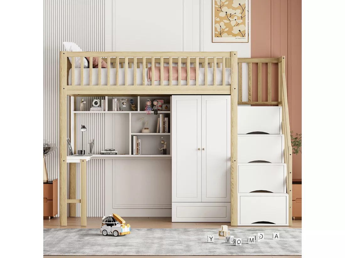 Lit mezzanine 90x200 cm - avec une penderie et un bureau - cadre de lit en bois - Blanc