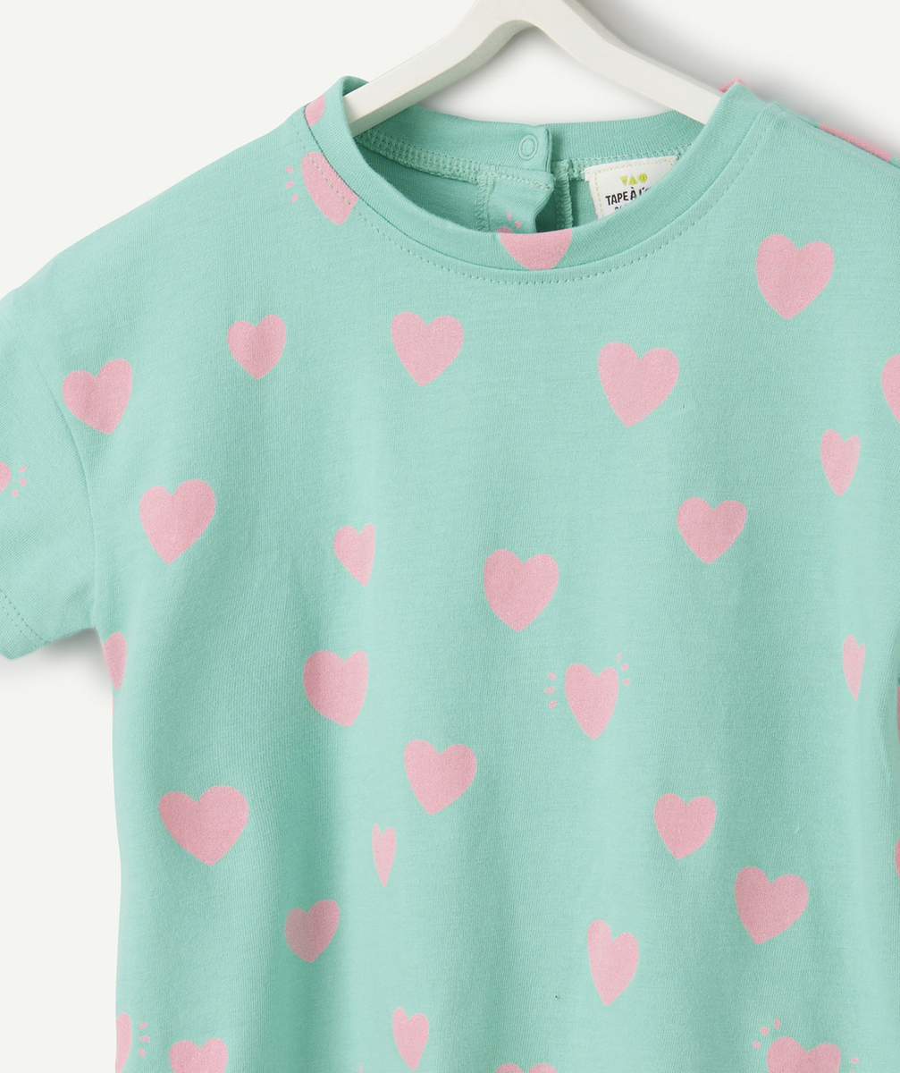 t-shirt bébé fille en coton bio vert imprimé coeurs roses