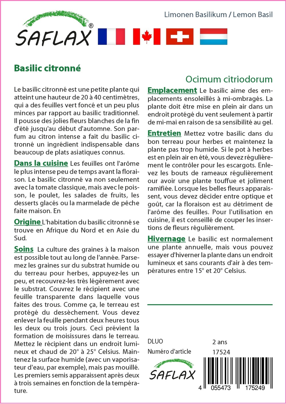 Jardin dans le sac - basilic citronné - 200 graines - ocimum citriodorum