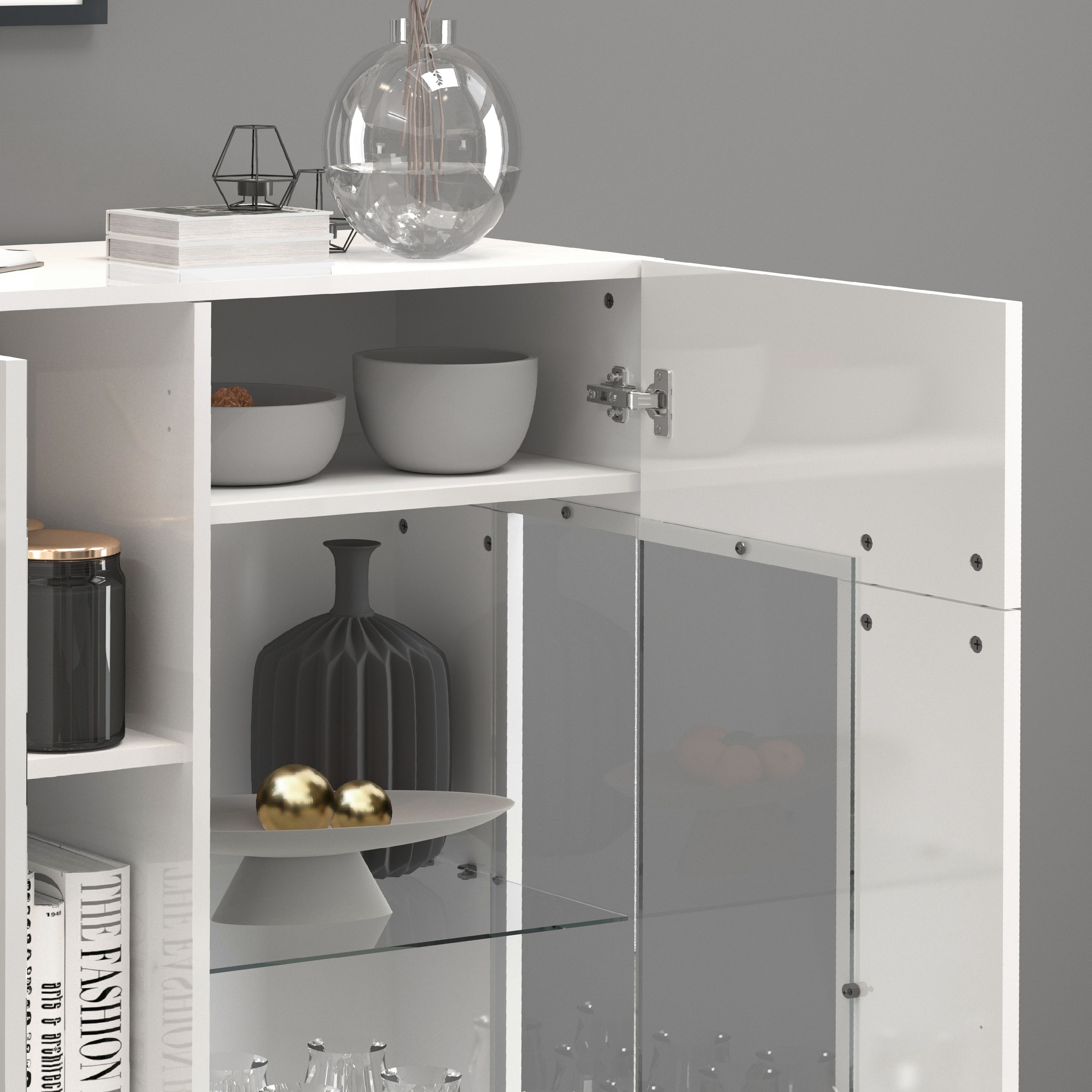 INOSIGN Highboard »Egypt, Highboard, Hochschrank, Hochkommode, Vitrine« mit 3 Türen davon 2 mit Glaseinsatz,kompl. Hochglanz lack.,Breite 135