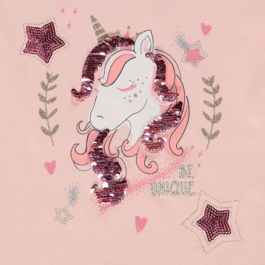 T-shirt manches courtes volantées en jersey print licorne pour fille - Rose