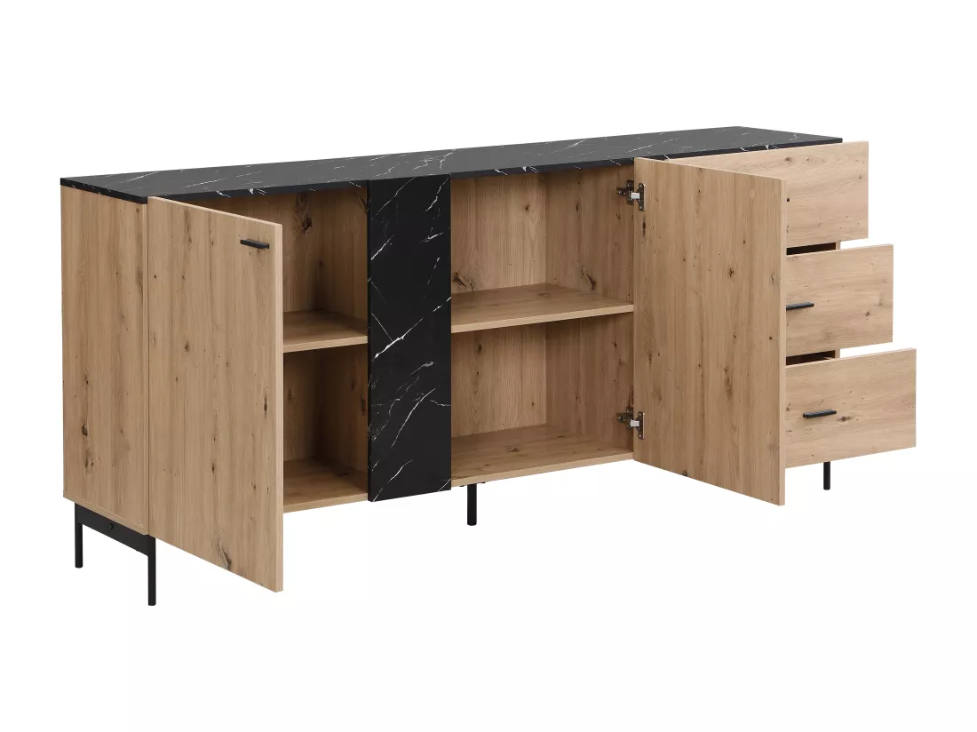 Buffet avec 2 portes et 3 tiroir en MDF et métal - Naturel clair et Effet marbre noir - LIOMENA de Pascal Morabito