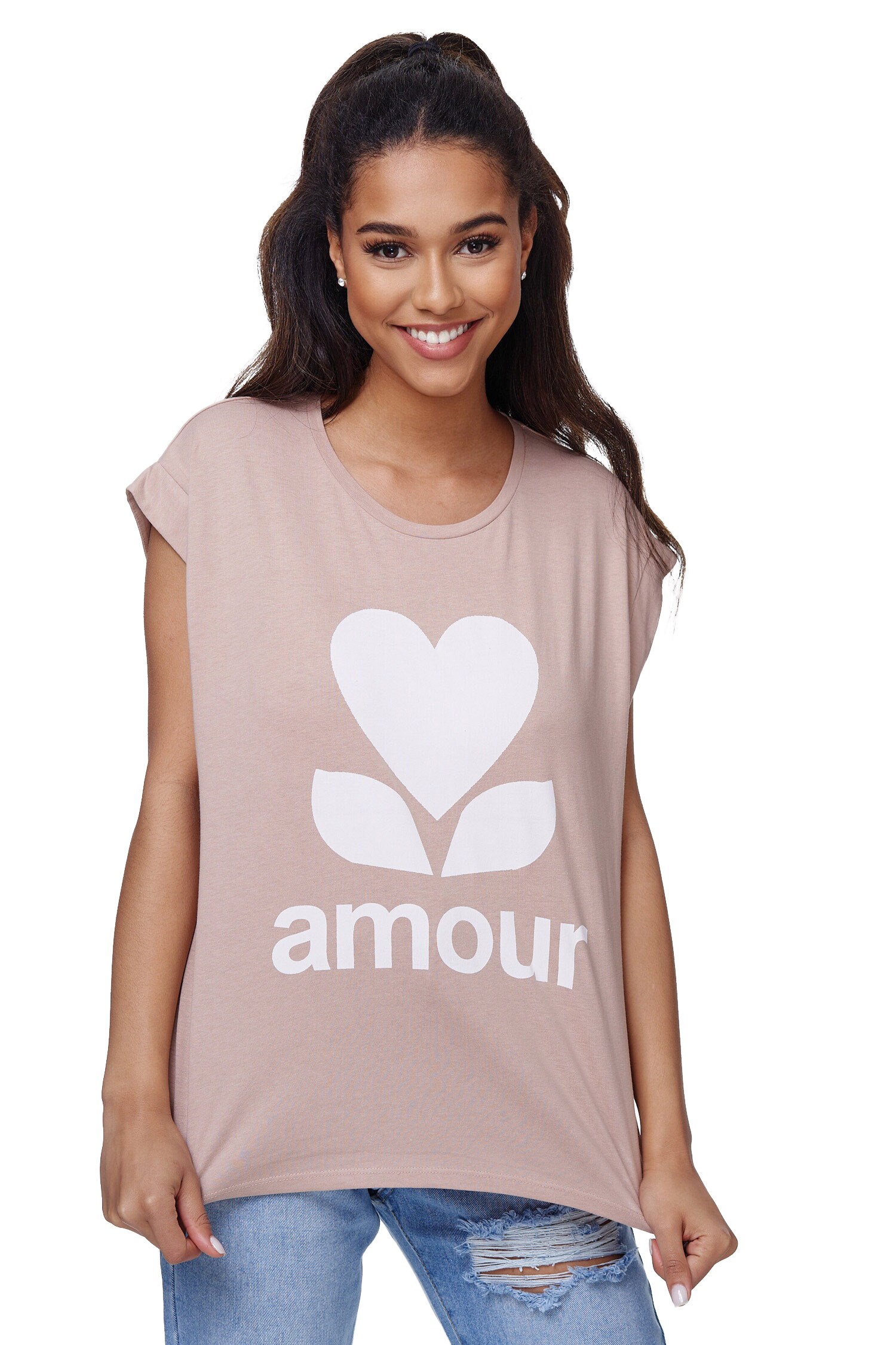RAYSHYNE Damen T-Shirt mit modischem Aufdruck Amour in Einheitsgröße RS01