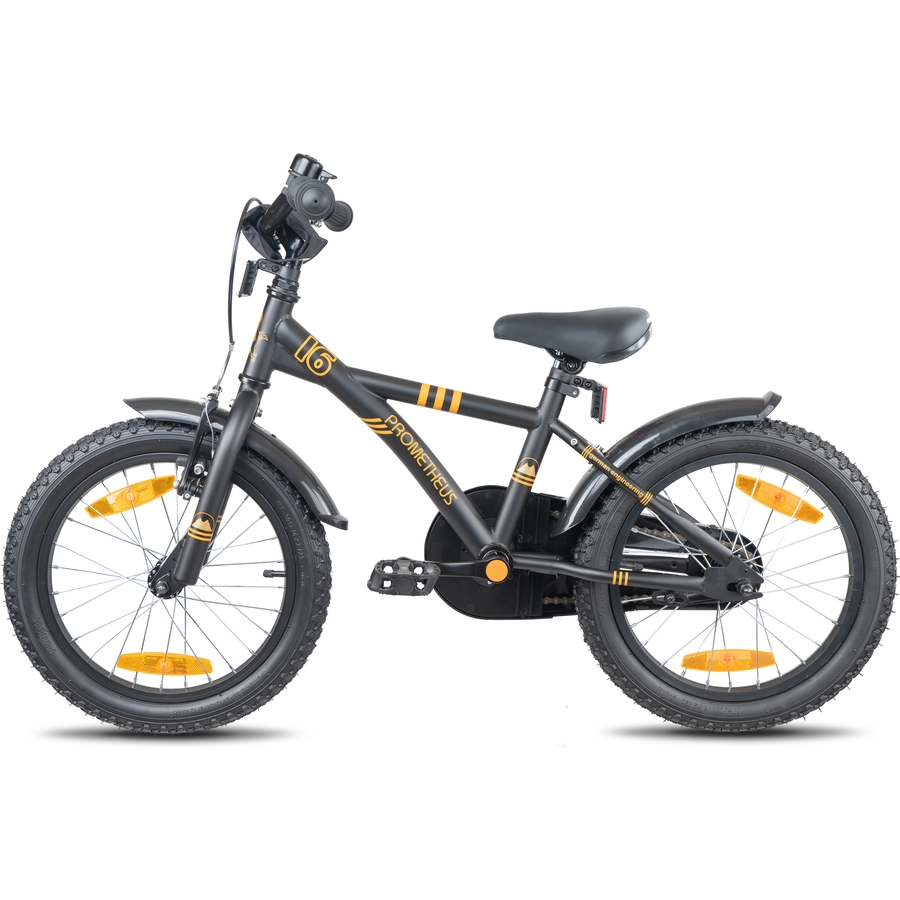 PROMETHEUS BICYCLES® Kinderfahrrad 16, Schwarz-Matt Orange mit Stützrädern