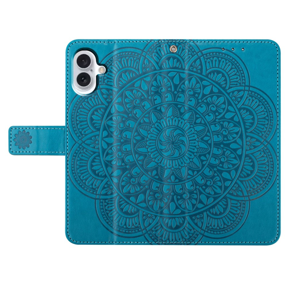 iPhone 16 Leder Tasche Wallet - Mandala Flowers Imprint - Blau