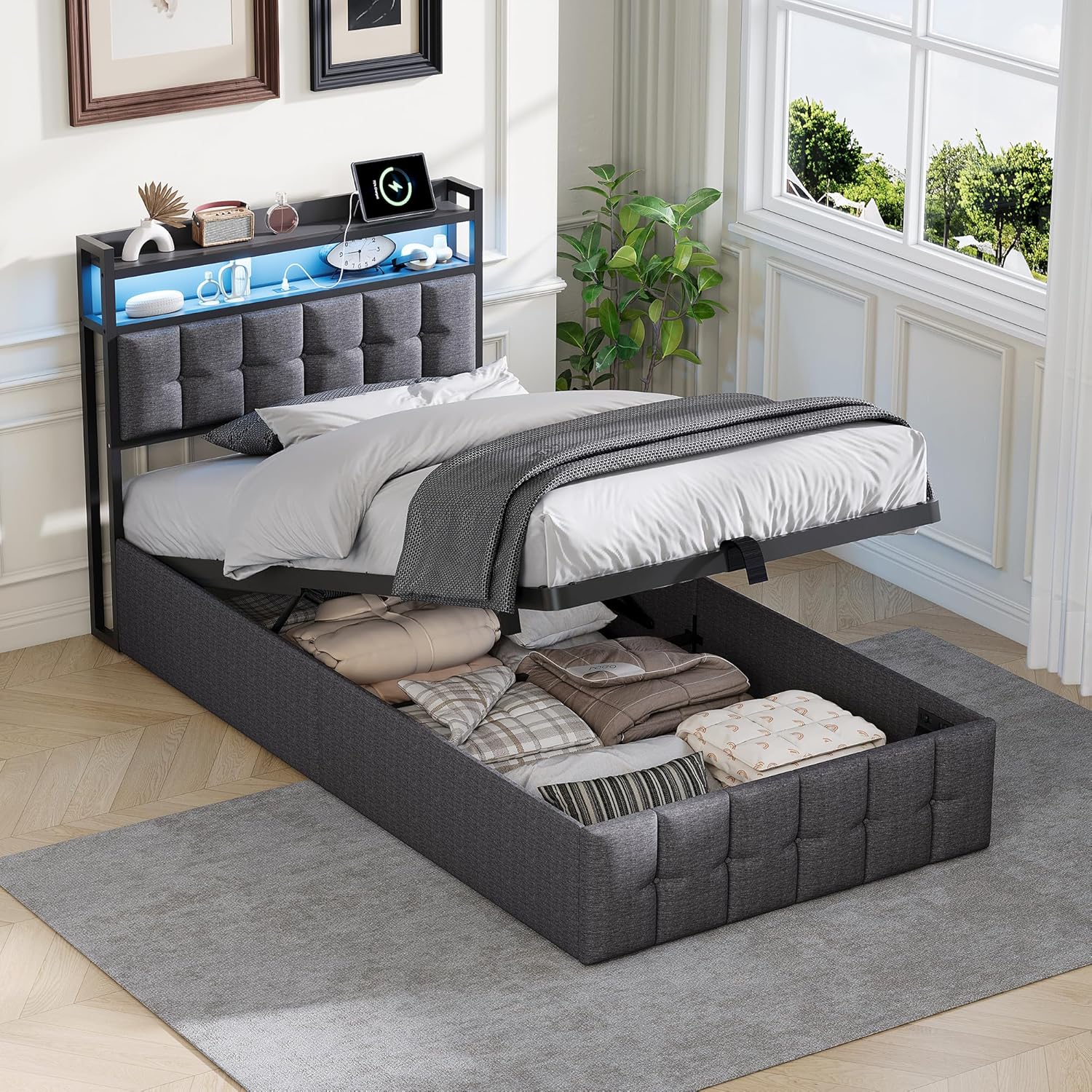 Bettgestell 90x200,boxspringbett mit LED,Einzelbett mit Stauraum,hydraulisch stauraumbett gepolstertes Bett,Funktionsbett Jugendbett mit USB,Polsterbett für 1 Person (Grau+Leinen)