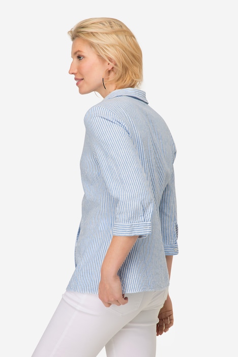 Bluse, Leinenmix, Streifen, Hemdkragen, 3/4-Ärmel
