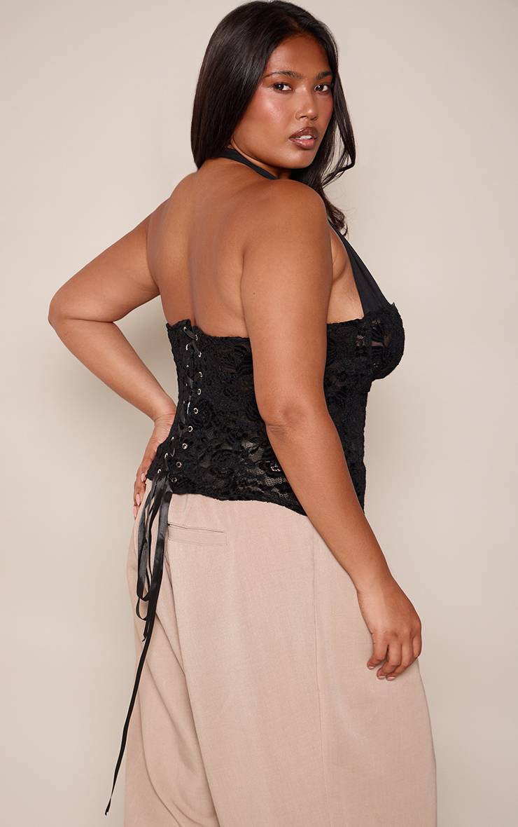 Noir Top Corset Grande Taille En Dentelle Avec Col Licou