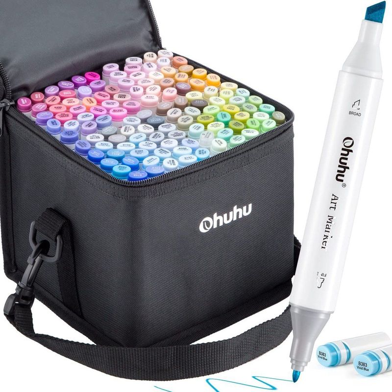 Ohuhu - Fine & Chisel - Alcohol gebaseerde Verfstiften - Set van 120 - Met Blender en Etui