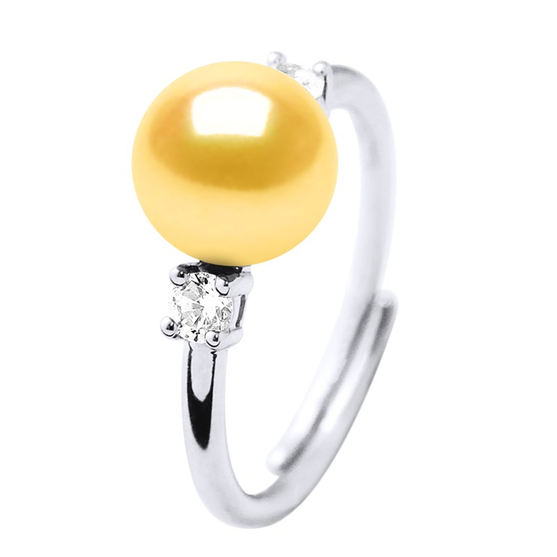 Bague Ajustable Perle d'Eau Douce 7-8 mm Dorées et Oxydes de Zirconium Argent 925