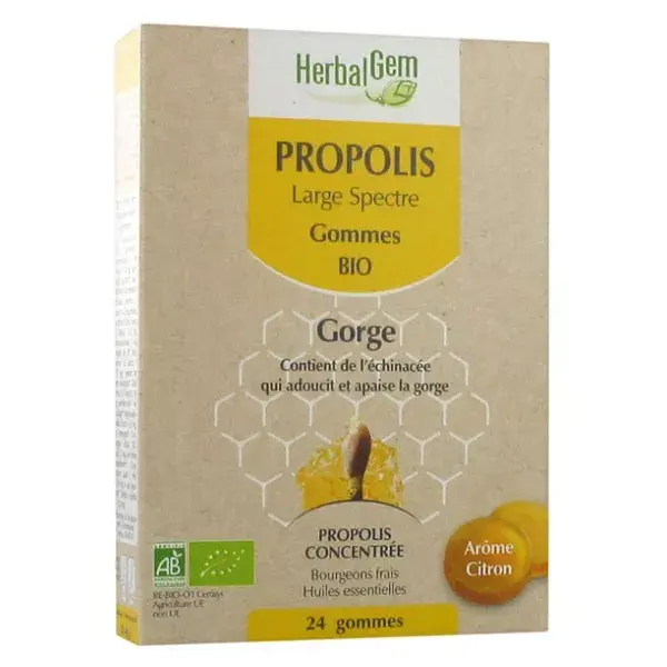 Gomas de mascar orgânicas Herbalgem Propolis de amplo espectro para a garganta, 24 unidades.