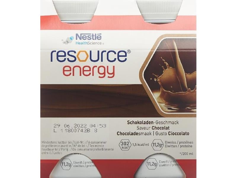 Resource Energy Schokolade 4 x 200 ml Hochkalorische Trinknahrung für besondere medizinische Zwecke