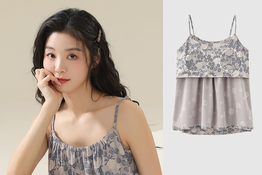 Jeony - Loungewearset: gewatteerde top met bloemenprint en korte broek