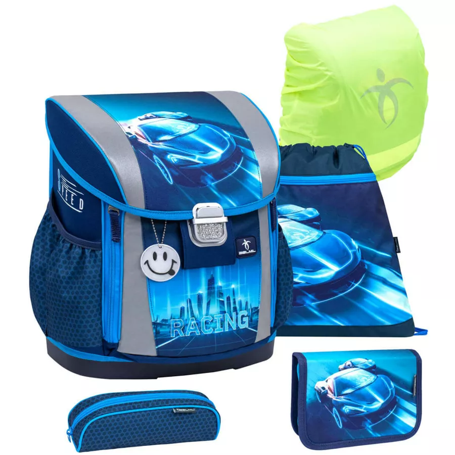 Belmil Schulranzen Customize-me Schulranzen Set 5-teilig mit Brustgurt, Hüftgurt Racing Blue Neon