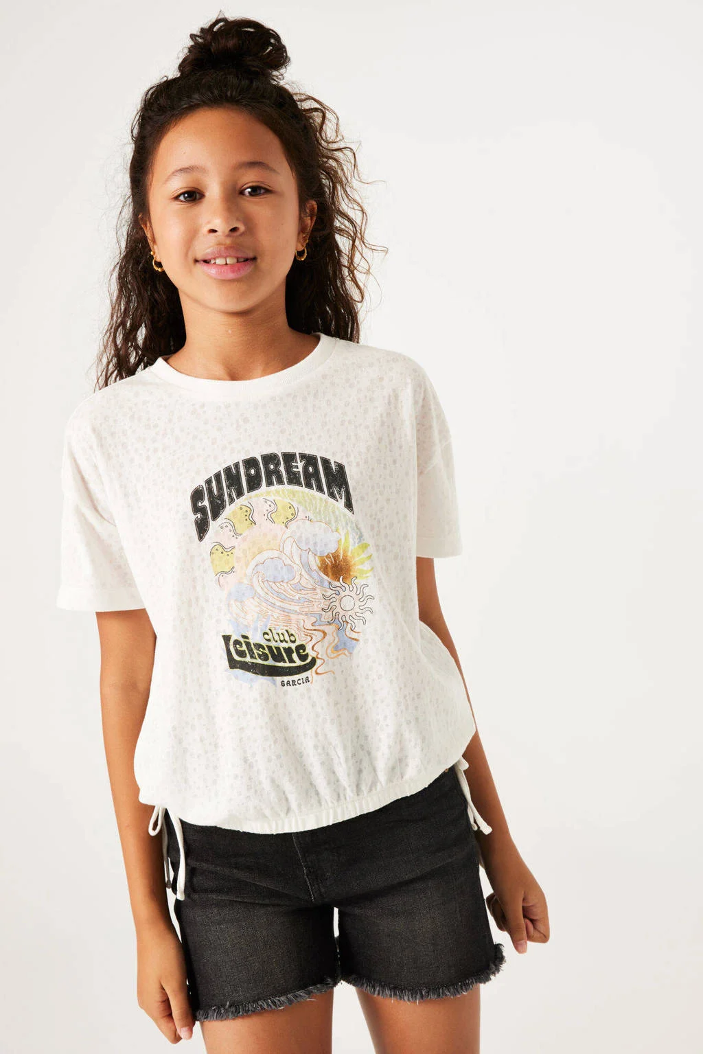 Garcia T-shirt van polyester ecru/zwart/geel