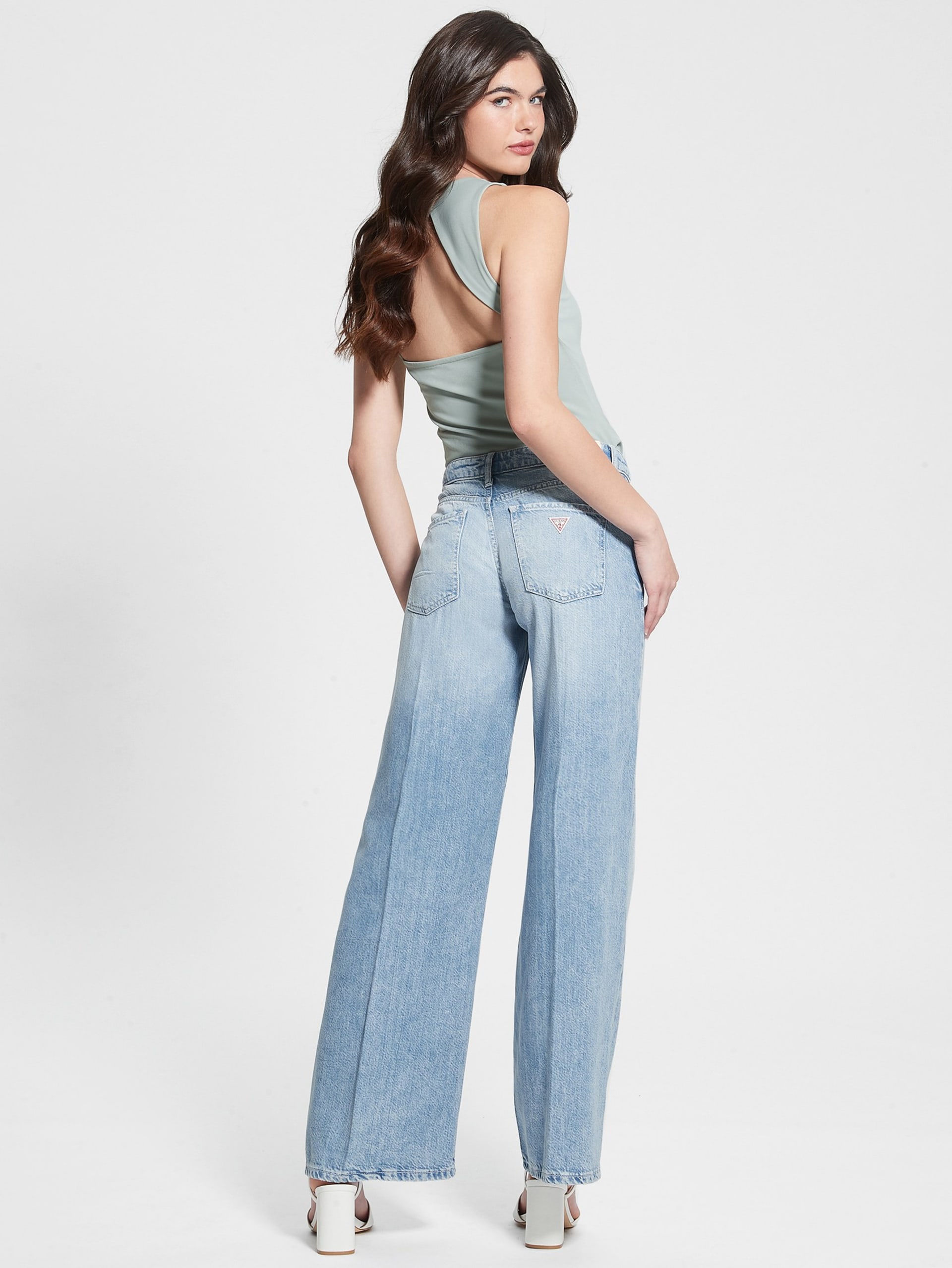 Calça jeans palazzo ecológica de cintura média e peso leve