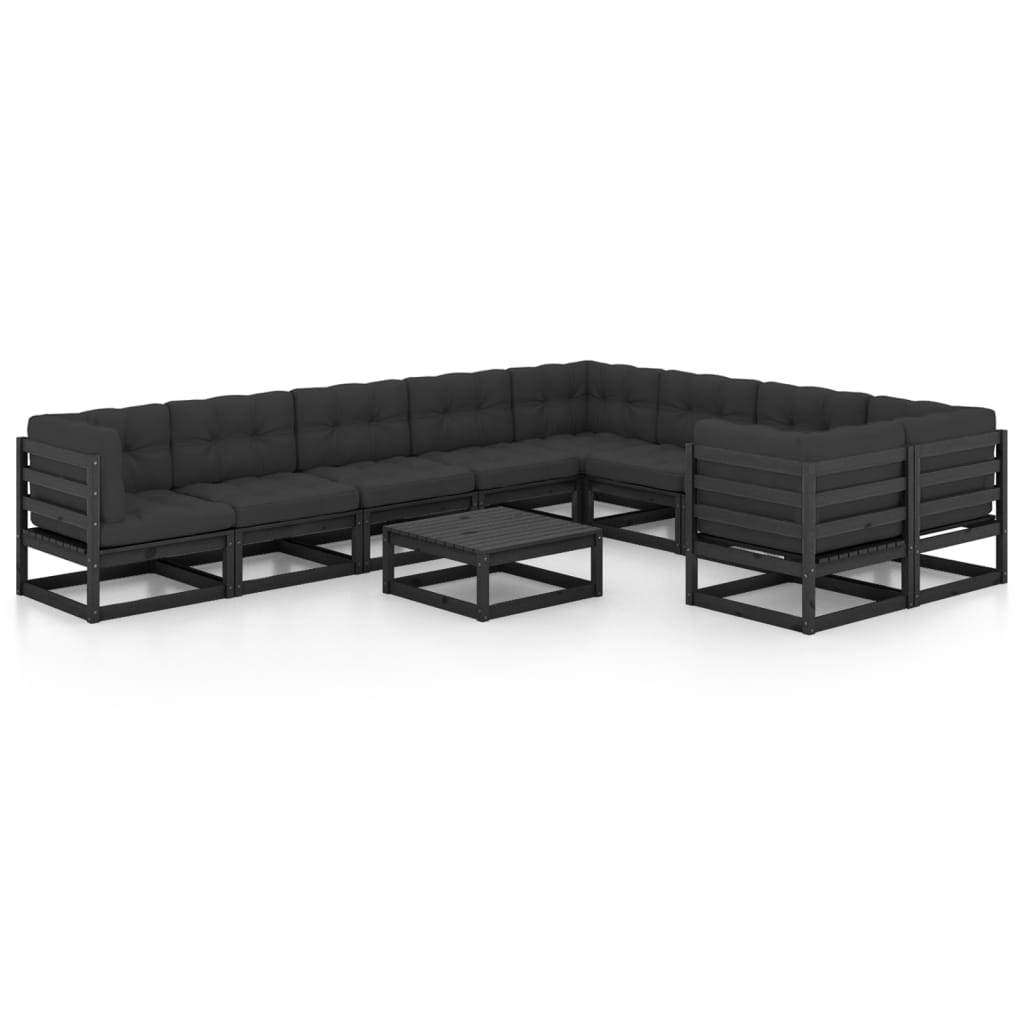 Salon de jardin meuble d'extérieur ensemble de mobilier 10 pièces avec coussins noir bois de pin massif