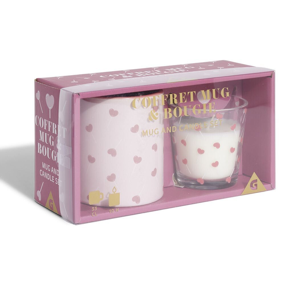 Coffret mug 33cl et bougie motif coeur blanc et rose