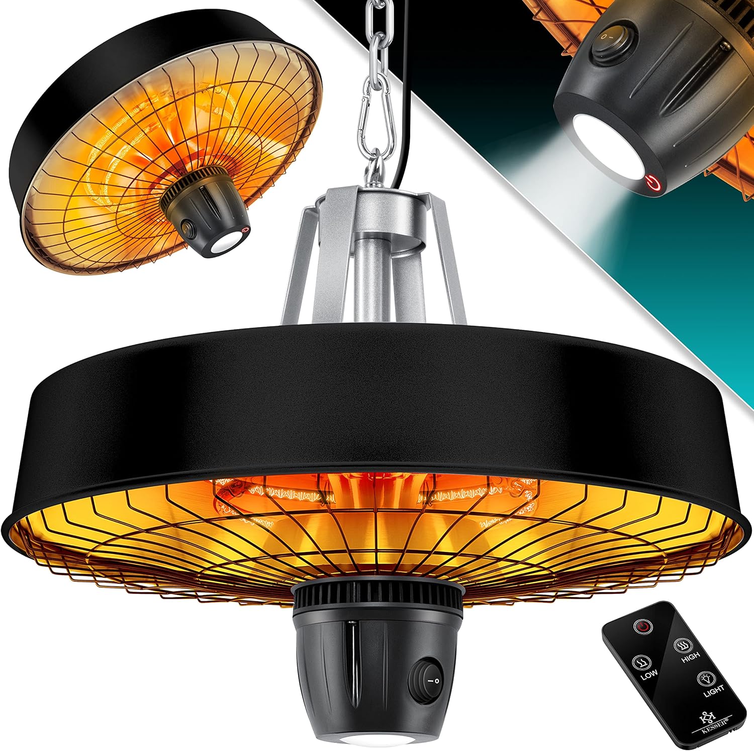 KESSER® Deckenheizstrahler Heizpilz Infrarot-Heizstrahler 2500W Terrassenstrahler mit Fernbedienung Quarzstrahler | LED Licht | Decke | Infrarotstrahler | mit Kette + Karabinerhaken Carbon-Heizelement