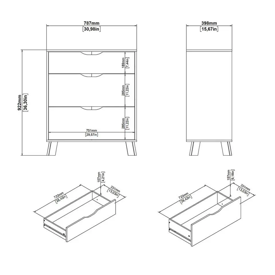 Hioshop Ikast kommode 3 lades eiken decor- wit