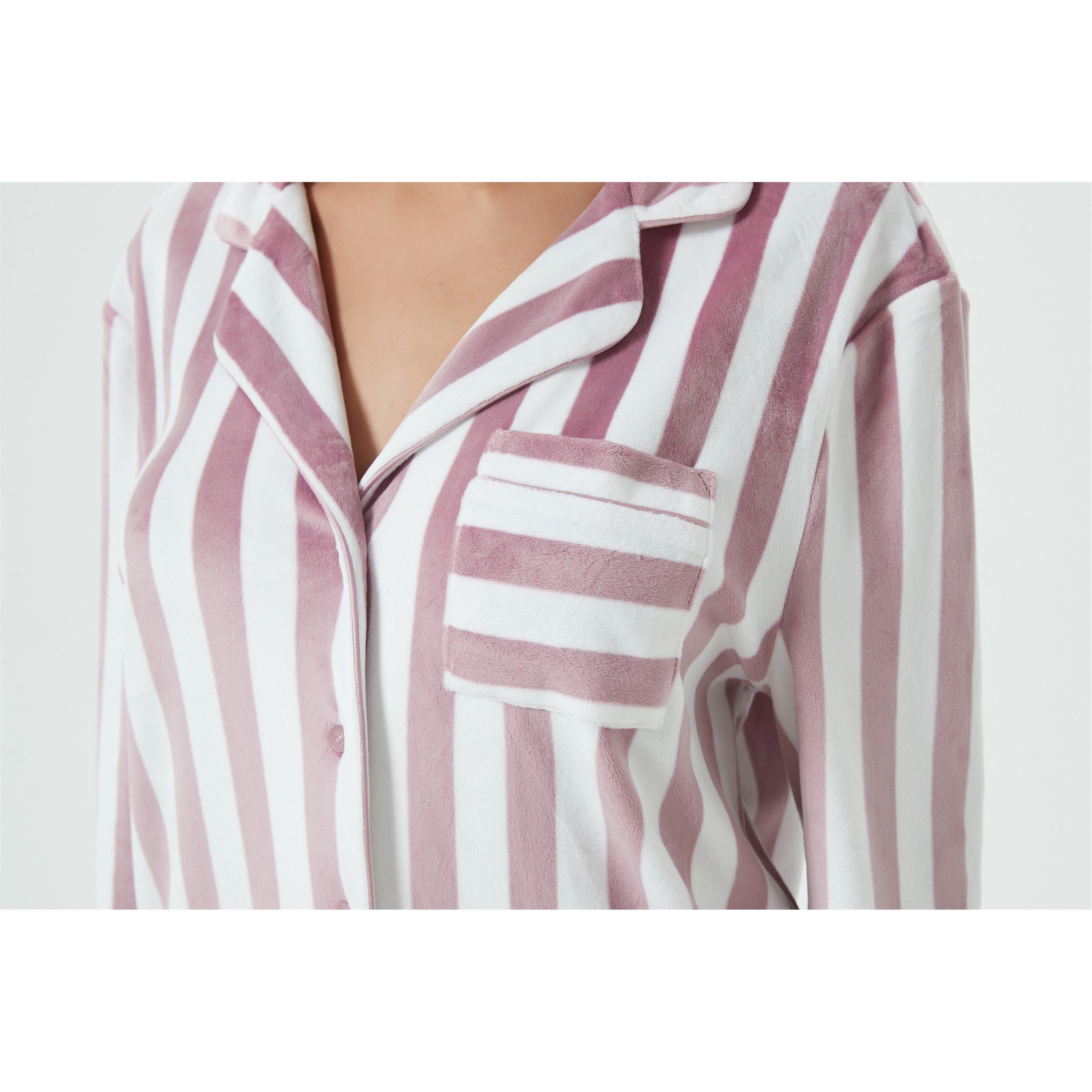 Linea Ladies Stripe Velour Button Through Pyjama Set