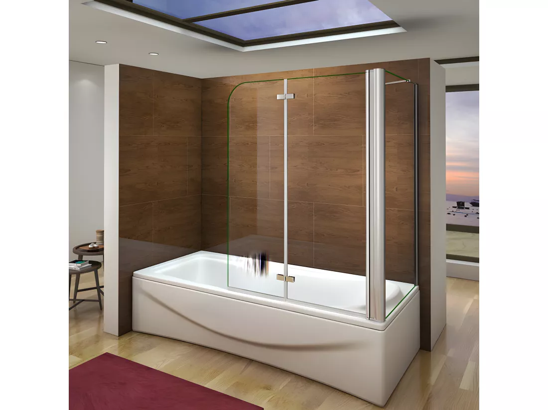 Pare-baignoire pivotant et pliant 110x140cm avec paroi fixe 75x140cm, paroi de baignoire en 6mm verre de sécurité
