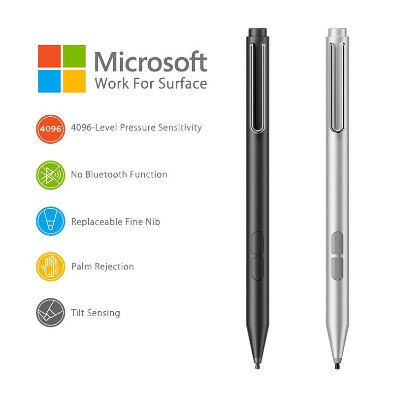 Aluminium Präzisions Stylus Touch Pen mit 5 Spitzen / Handballenerkennung (inkl. AAA Batterie) für Surface Pro / Go / Book / Laptop / Studio - Silber