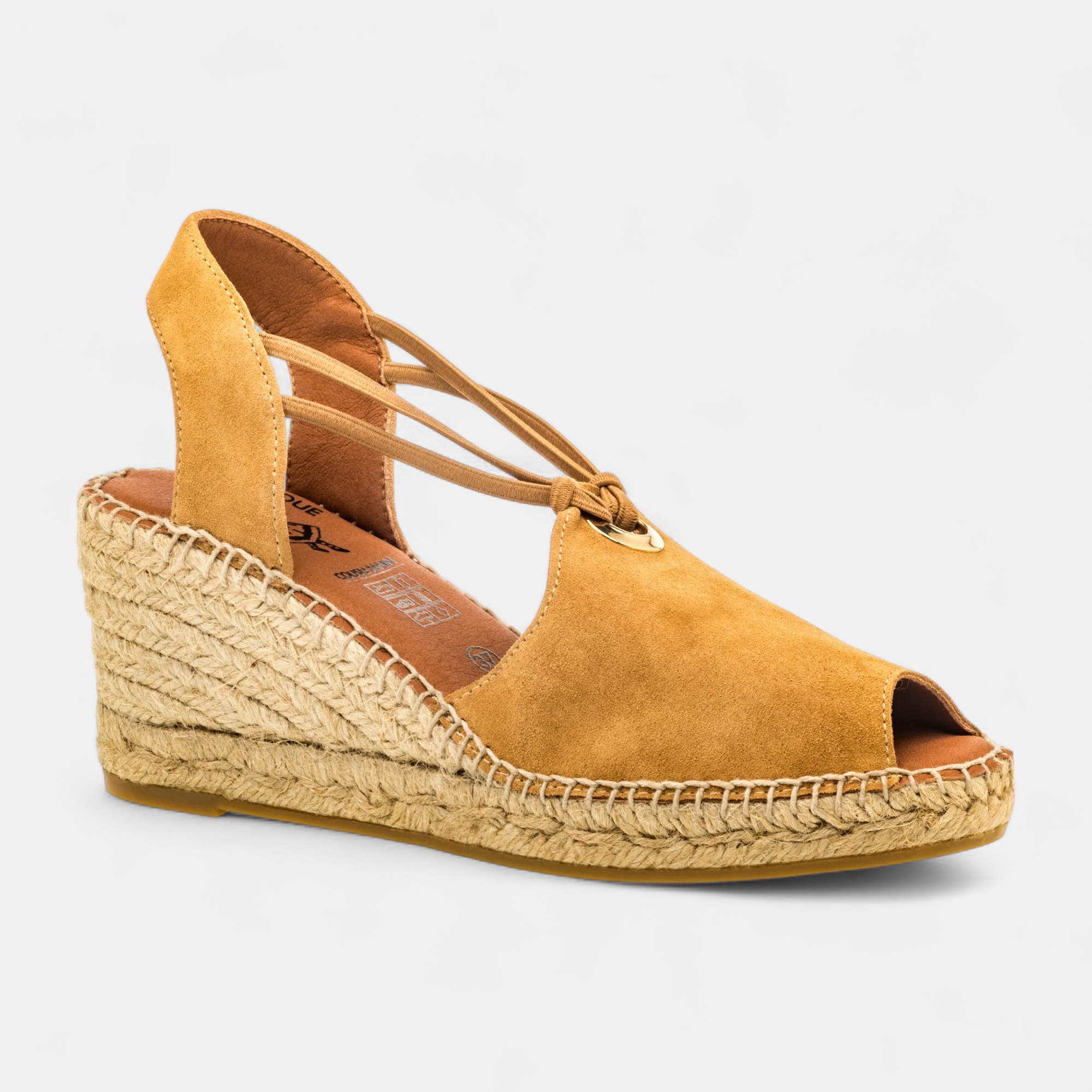 Espadrilles à talon compensé Femme en cuir beige
