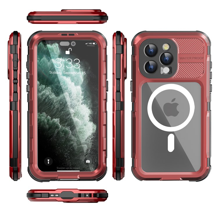 iPhone 15 Pro Wasserfeste MagSafe Alu Outdoor Schutz Hülle (IP68) - Rot / Transparent